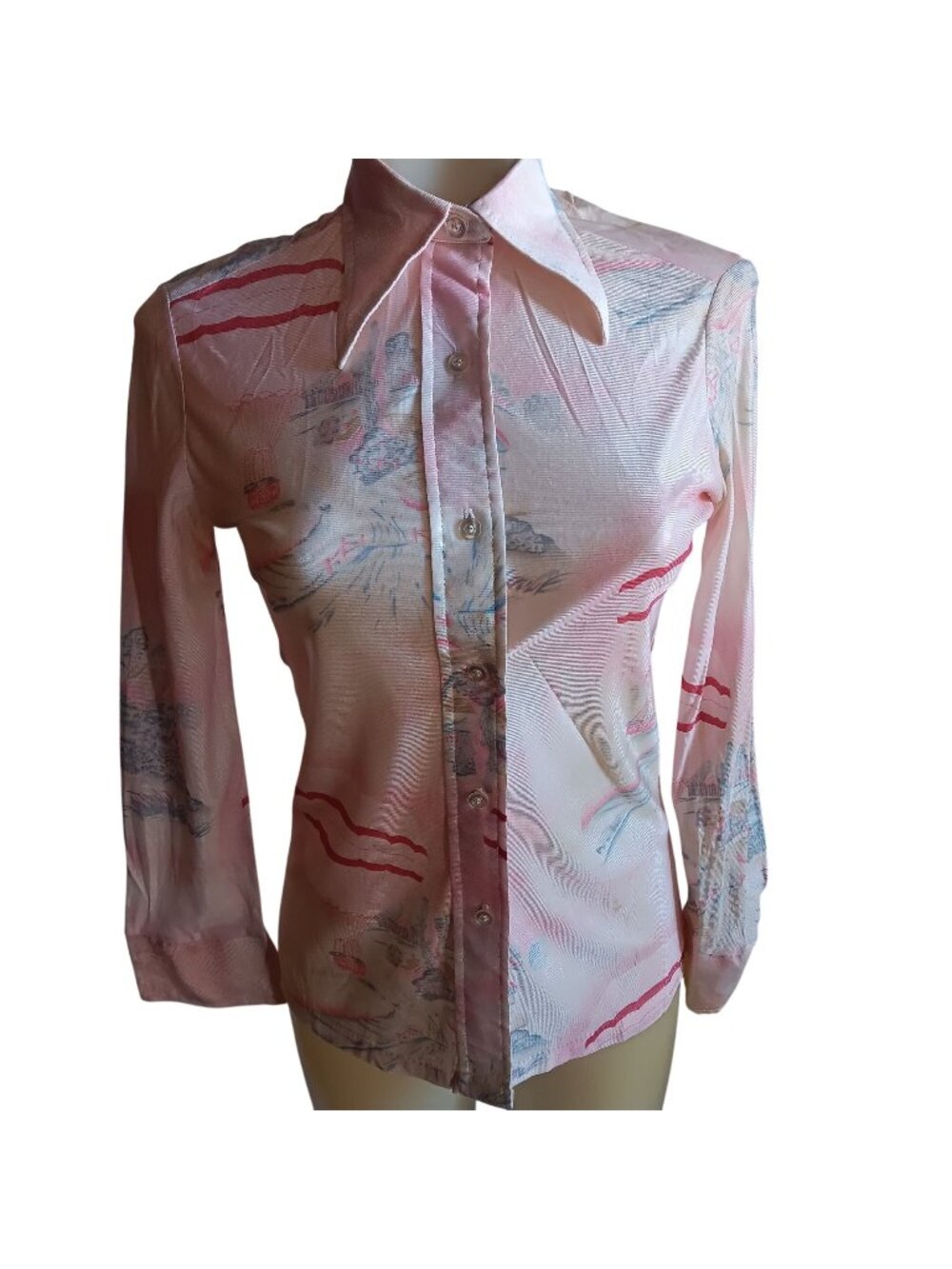 True Vintage Boho Top Medium 1970s Pink Hot Air Balloon Disco Mod Collar Acetate